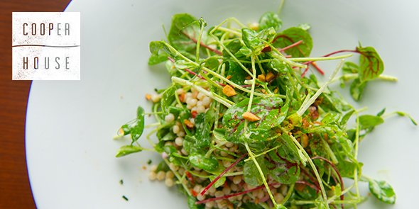 {ON THE MENU} Watercress Couscous with toasted almond, pea tendril, and green goddess dressing. #cooperhousenj
