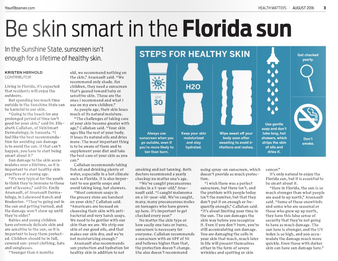 SkinSmart's tweet photo. Check out this recent article in #YourObserver talking to Dr. Callahan about "Be skin smart in the Florida Sun" #SRQ https://t.co/Gvih4jt05M