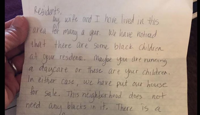 TheRoot's tweet photo. Kansas woman receives racist letter: ‘This neighborhood does not need any blacks in it’ https://t.co/vhkwXDGk1u https://t.co/IOx3k8rO6F