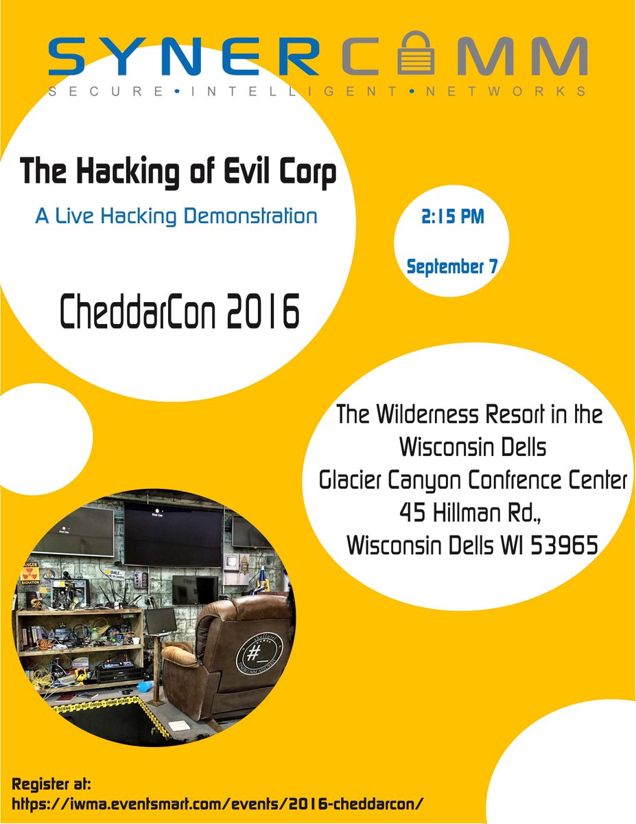 SynerComm's tweet photo. Don't miss SynerComm's "The Live Hacking Of Evil Corp" at CheddarCo on Sept 7th #SynerComm #AssureIT #CheddarCon https://t.co/ltUDlQZgce