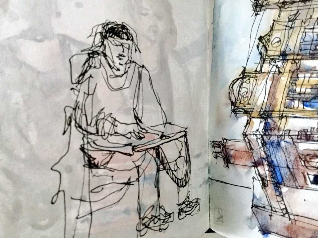 mariaregina_t's tweet photo. #uskmanchester2016 #urbansketchers more quick sketches. I drew Pip Seymour stall because I can't buy them all :) https://t.co/iGHCSukN7s