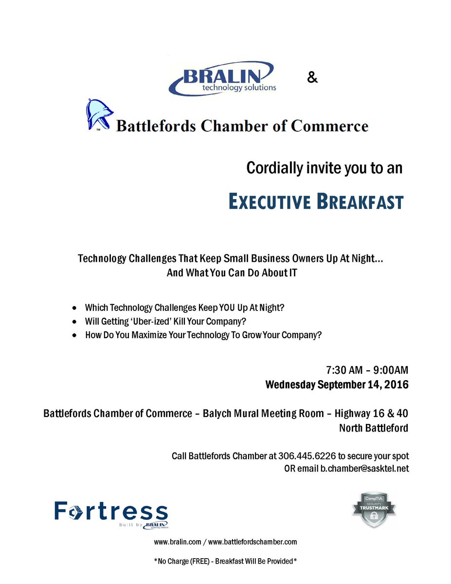 BattlefordsCofC's tweet image. We would like to invite our Chamber Members to this event! @BralinTech #ExecutiveBreakfast #technologychallenges
