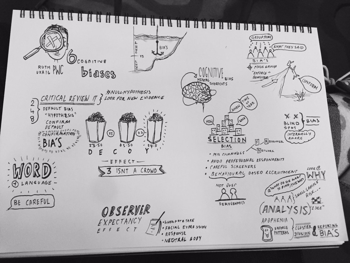 KPMDesign's tweet photo. Awesome talk by @RuthEllison ! 6 Cognitive Biases, highly refreshing @UXAustralia #sketchnote https://t.co/Vz90symvOL