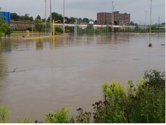 UTMFastpitch's tweet image. this pic from @luker350 clearly shows that Peter Hallman in Kitchener is a bit underwater tonight...