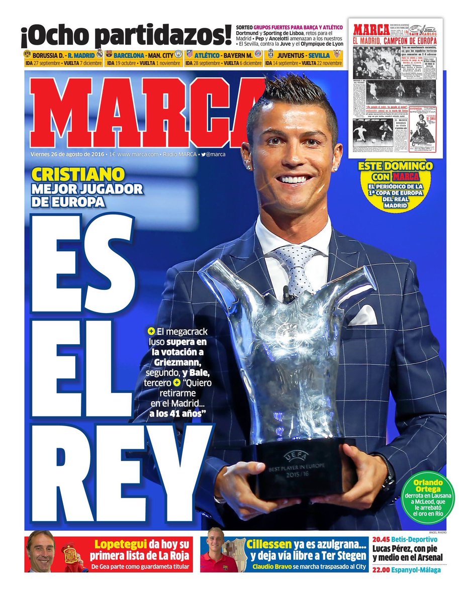 FaktaRMCF's tweet photo. Cover Marca. CR7 urutan pertama #UEFABestPlayer, Griezmann ke-2, Bale ke-3. CR7 mau pensiun di RM, di usia 41 thn. https://t.co/A9bDwnZEAh