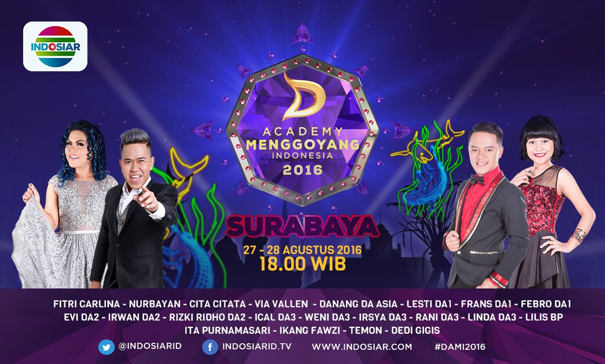 Besok! #DAMI2016 SBY bersama @DA3_Rani <a href="/DA3_LINDA/">Linda #DAcademy3</a> &amp; <a href="/LilisDarawangi/">Lilis BintangPantura</a>.
LIVE! Dari Lap. Makodam, SBY, pukul 18.00 WIB