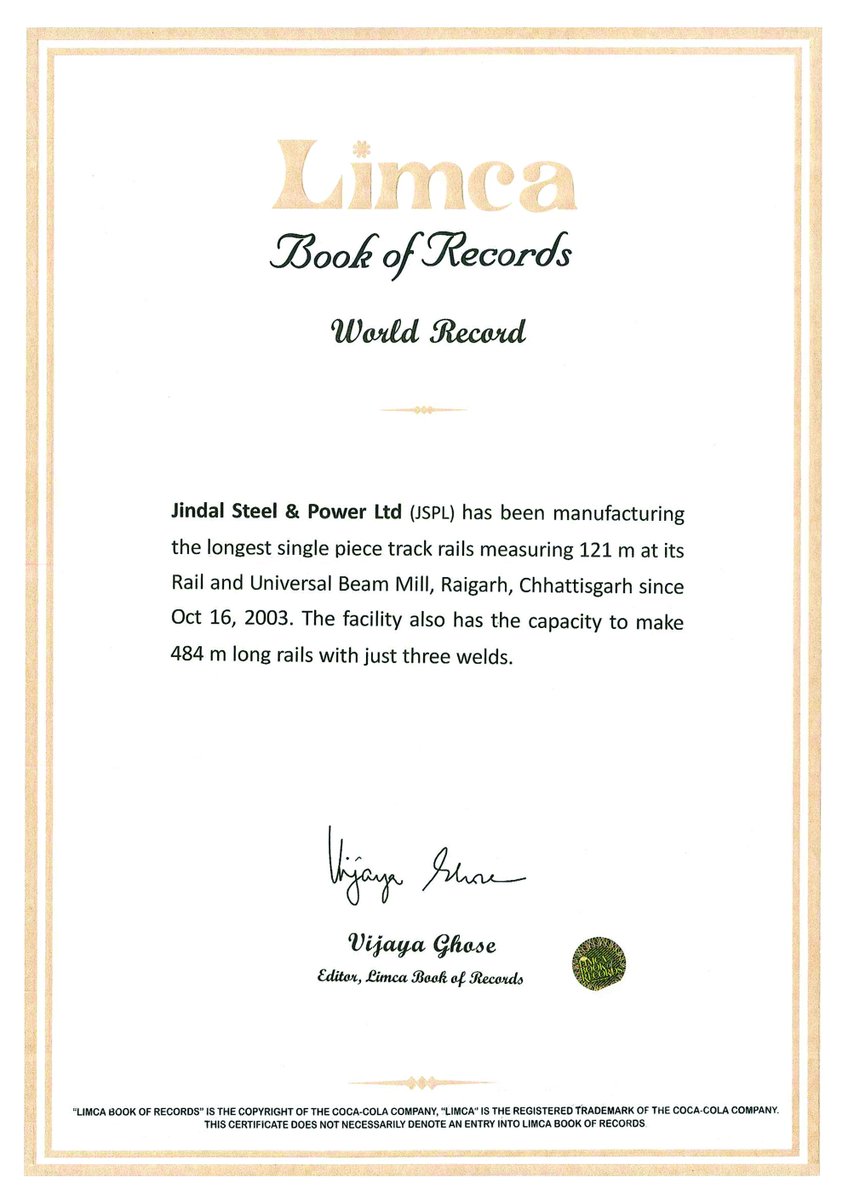 JindalSteel_In's tweet photo. JSPL inducted in #LimcaBookofRecords -World Record category 4 manufacturing longest single piece #trackrails of 121m https://t.co/O6M8DzsAaz