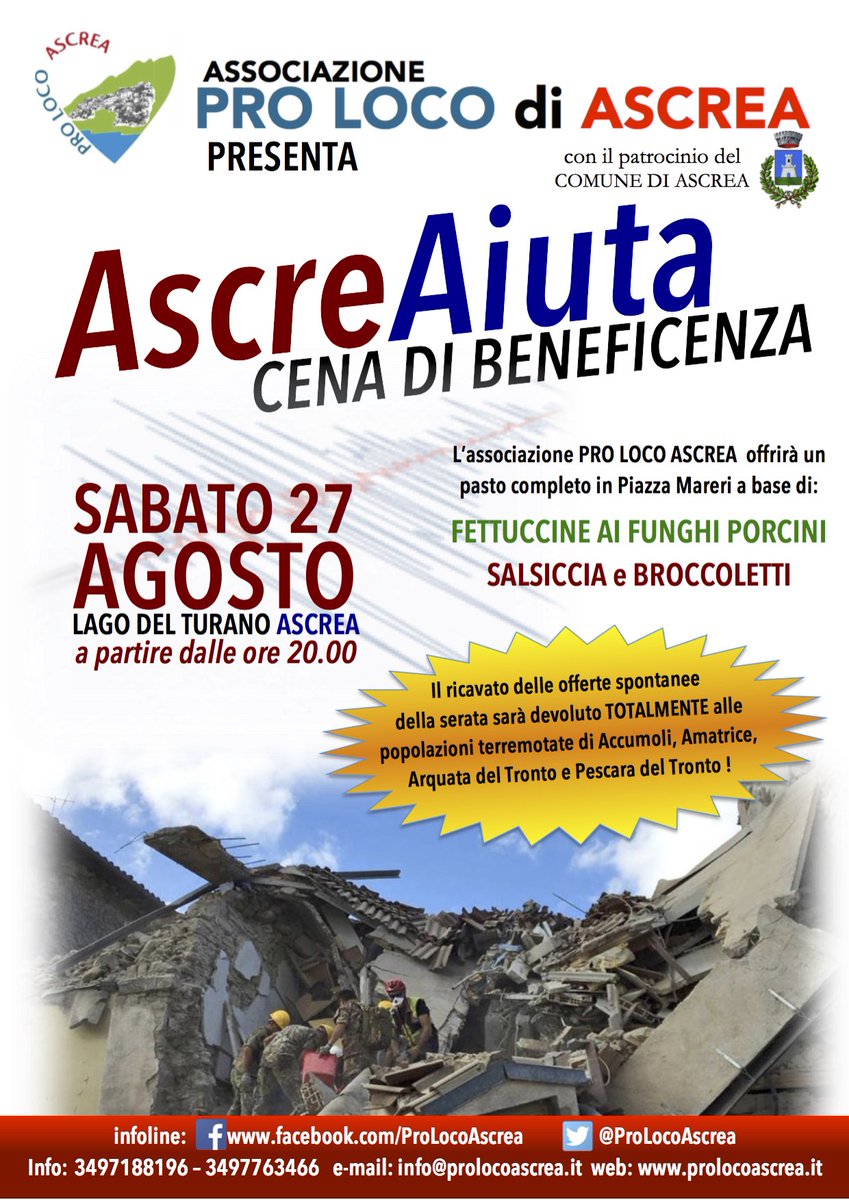 ProLocoAscrea's tweet image. 27 Agosto, #AscreAiuta, un modo per stare insieme e sostenere le popolazioni colpite dal terremoto. #prolocoascrea
