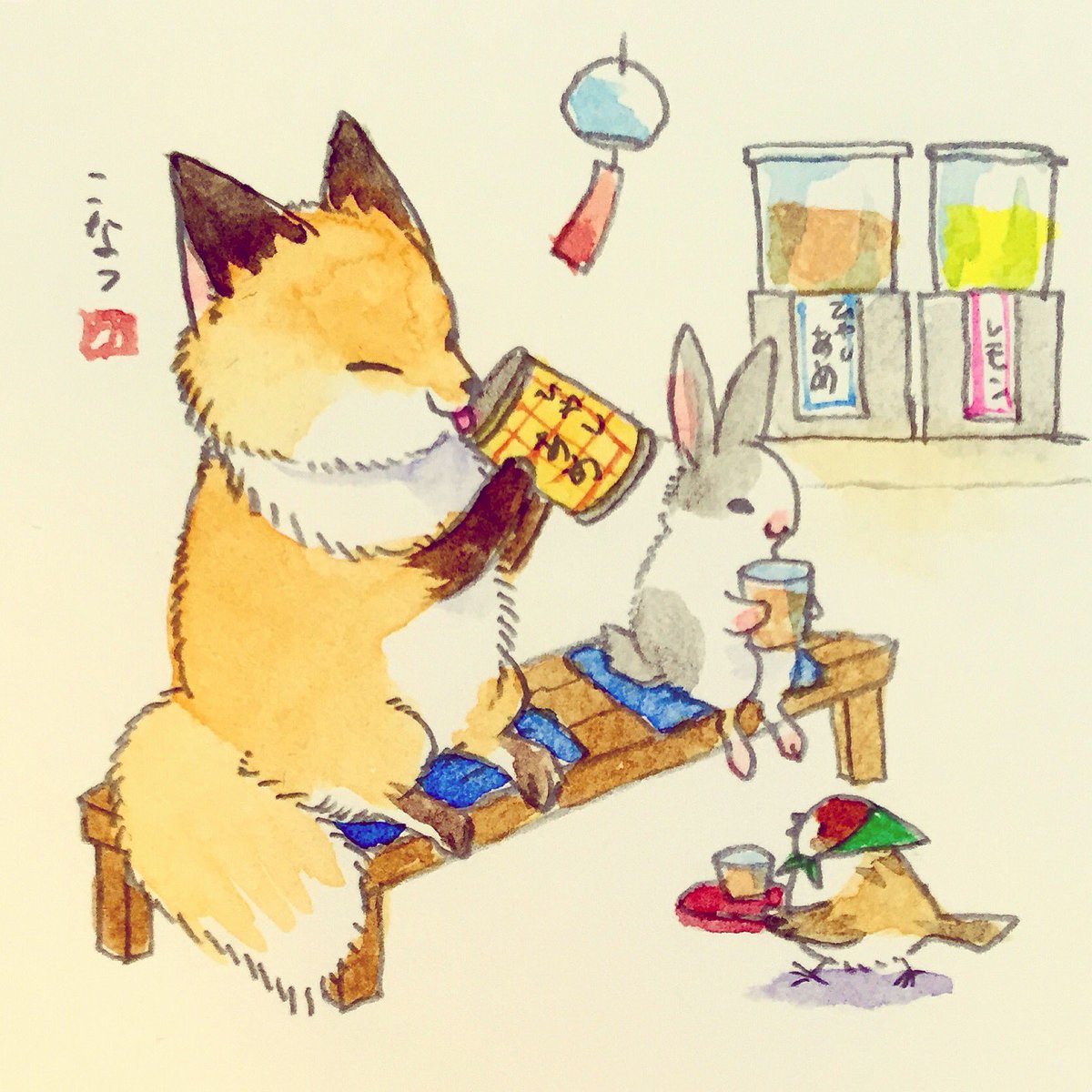 no humans fox rabbit sitting traditional media animal animal focus  illustration images