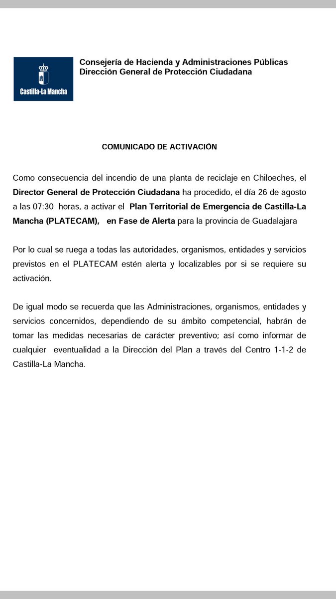 VianadeJadraque's tweet image. Activado el #PLATECAM por #incendio  en #Chiloeches.