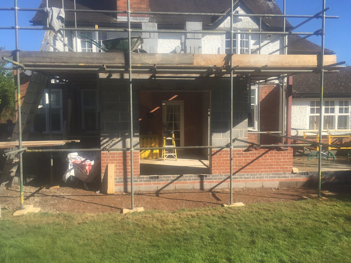 Well after just 3 weeks of building were up to joists and first floor level. 
Scaffold has been erected