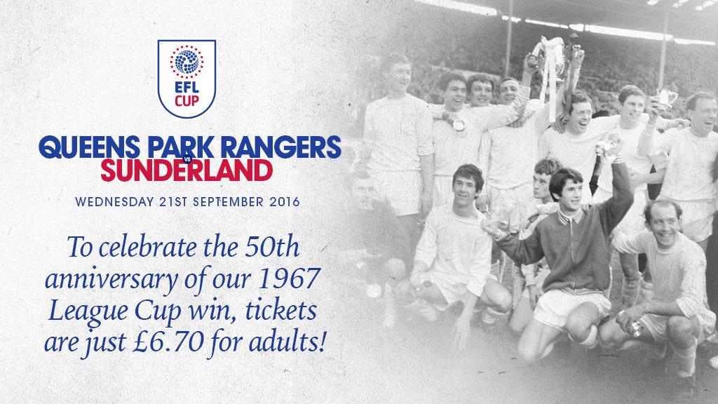 QPR's tweet image. 🎫 To celebrate the 50th anniversary of our 1967 League Cup win, tickets are just £6.70 for adults! #QPRSUN