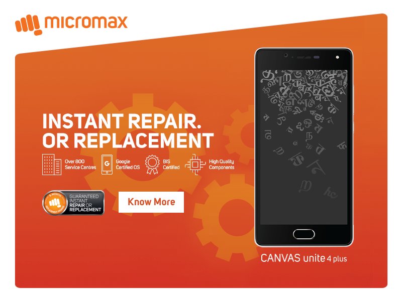 Micromax__India's tweet photo. Now get guaranteed instant repair or replacement with Canvas #Unite4Plus. Know more: https://t.co/dpnnXyWfQZ https://t.co/llNWftMc3f