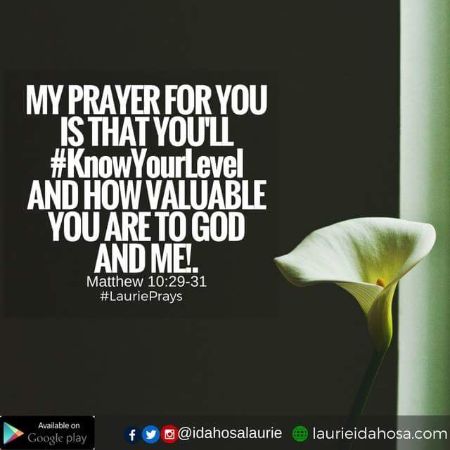 IdahosaLaurie's tweet image. My prayer for you is that you'll #KnowYourLevel &amp;amp; how valuable you are to God &amp;amp; me! #LauriePrays Matt.10:29-31