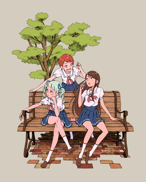 toudou yurika 3girls multiple girls bench school uniform drill hair tree brown hair  illustration images
