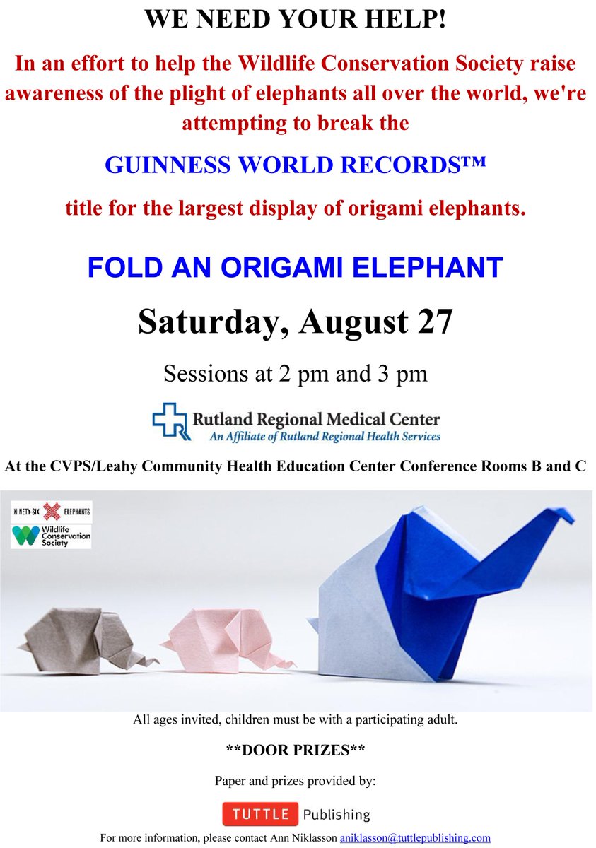 TuttleBooks's tweet image. Will we see you tomorrow? #GuinnessWorldRecord 
#96Elephants #ElephantOrigamiChallenge #WildlifeConservationSociety