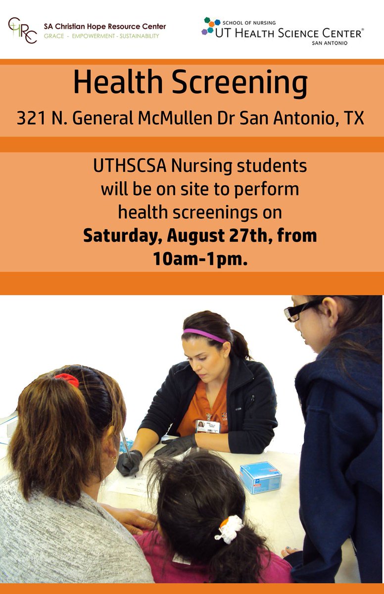 UTHSCSA Nursing (@son_uthscsa) on Twitter photo TOMORROW: Join @sachrc & <a href="/SON_UTHSCSA/">UTHSCSA Nursing</a> #nursing students 10a- 2p for free #health screenings! #SanAntonio #UTHSCSA TOMORROW: Join @sachrc & <a href="/SON_UTHSCSA/">UTHSCSA Nursing</a> #nursing students 10a- 2p for free #health screenings! #SanAntonio #UTHSCSA
