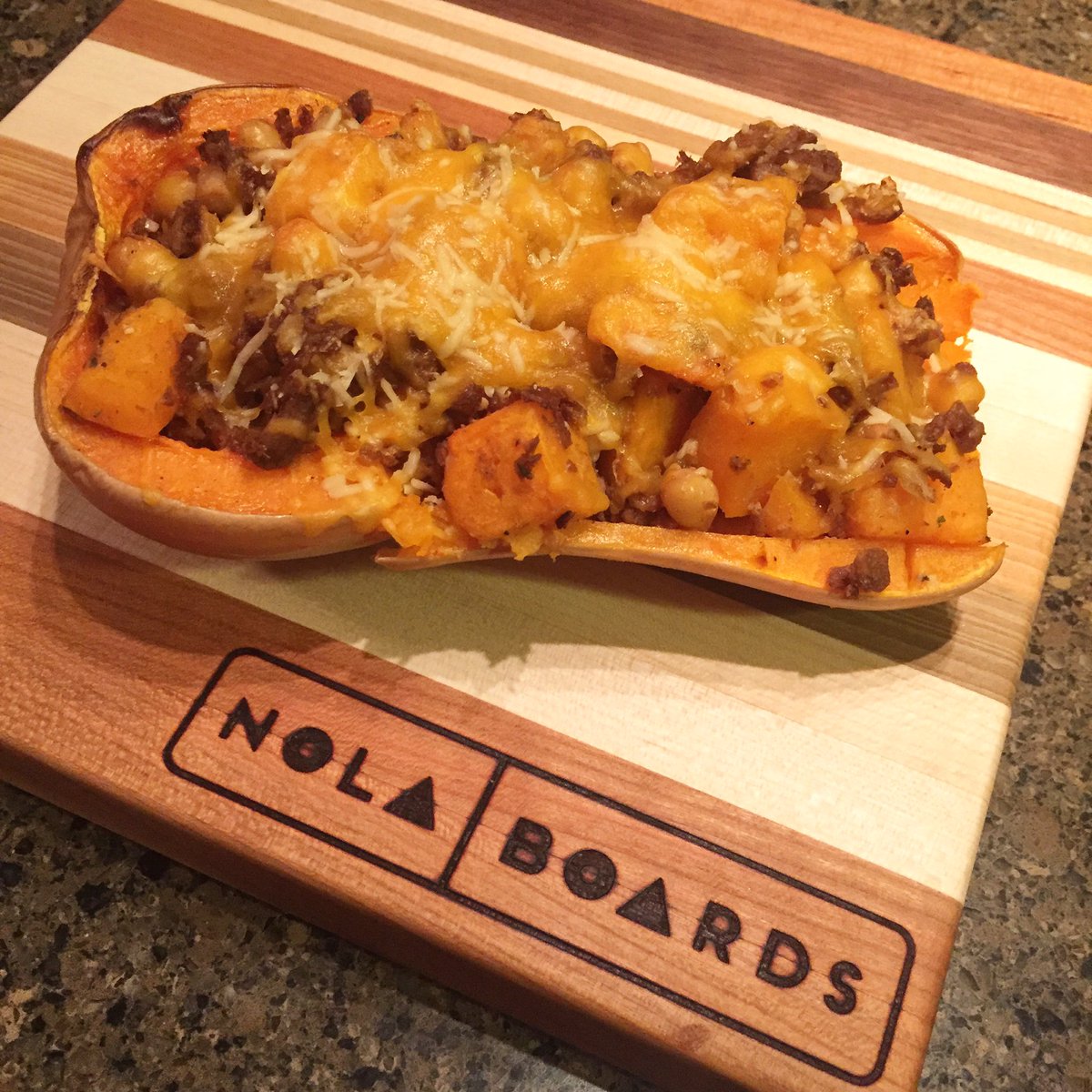 Chef_Eliana_'s tweet photo. Made Stuffed Butternut Squash for dinner. Stuffed w chickpeas &amp; vegan ground beef. #kidchefeliana #nolaboards https://t.co/EKlJbvPujY