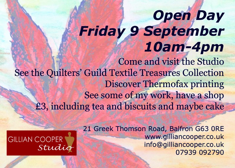 gilliantextiles's tweet photo. Open Day on Fri 9 Sept.  Come and see the @QuiltersGuild Textile Treasures Collection as well as my work and cake https://t.co/zxZyEVAdSO