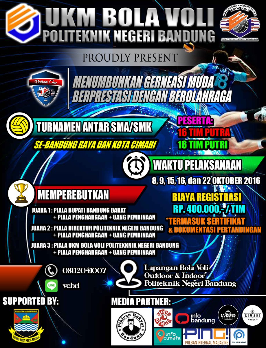 VOLIPOLBAN's tweet photo. AYO UNTUK PELAJAR SMA/SMK SE-BANDUNG RAYA &amp; KOTA CIMAHI JANGAN LUPA TURNAMEN BOLA VOLI POLBAN CUP 2016 SEBENTAR LAGI https://t.co/iqOV1bx4JD