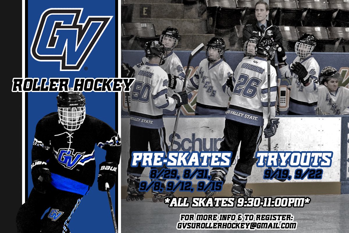 GV_RollerHockey's tweet photo. Interested in trying out for the 2016-17 season? 

Here are the dates &amp; times for our pre-skates &amp; tryouts. 

#GVSU https://t.co/gNYf9GQAi8