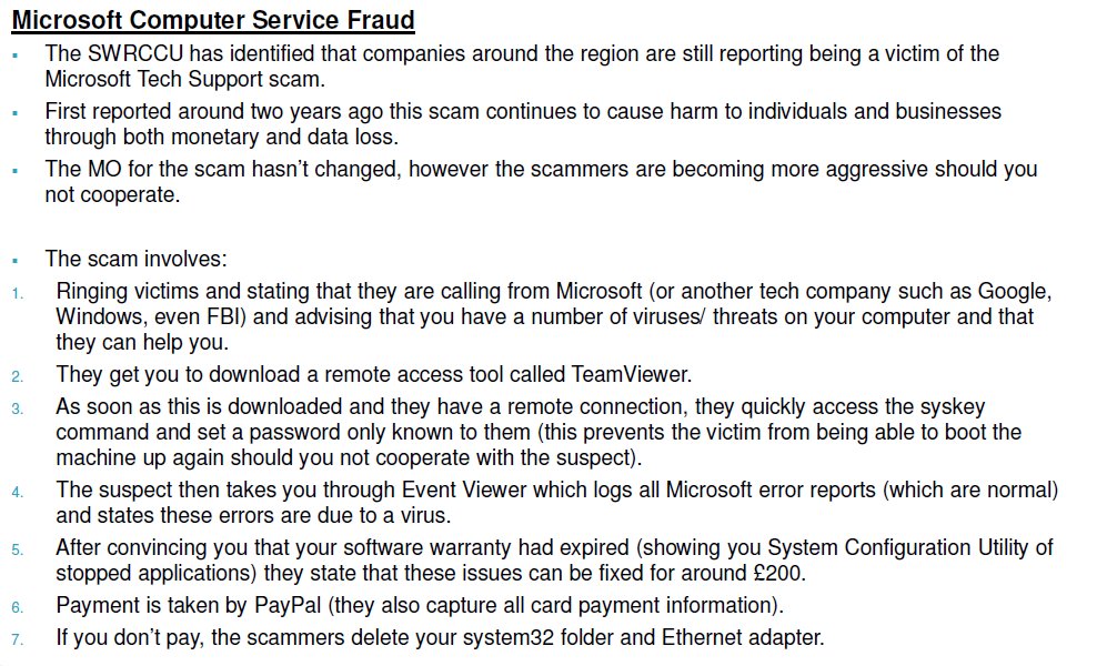 WP_CyberProtect's tweet image. Update from SouthWestRegionalCyberCrimeUnit on Microsoft Service Fraud - read on for advice
