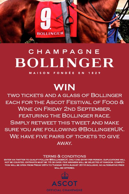 WIN two tickets to <a href="/Ascot/">Ascot Racecourse</a> Food &amp; Wine Festival on Friday
2nd September! Retweet &amp; follow @Bollingeruk #foodandwine