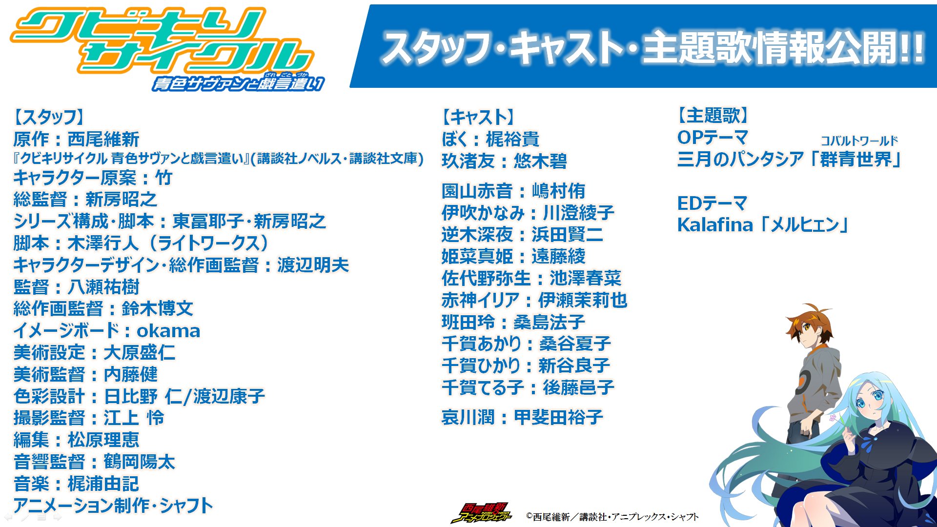 Twitter पर 西尾維新アニメプロジェクト スタッフ キャスト 主題歌情報解禁 10 26第1巻発売のova クビキリサイクル 青色サヴァンと戯言遣い の最新情報を解禁 公式hpではキャラクター設定も公開 公式hp T Co Dwti717edc 戯言 Twitter पर 西尾維新アニメプロジェクト スタッフ キャスト 主題歌情報解禁 10 26第1巻発売のova クビキリサイクル 青色サヴァンと戯言遣い の最新情報を解禁 公式hpではキャラクター設定も公開 公式hp T Co Dwti717edc 戯言