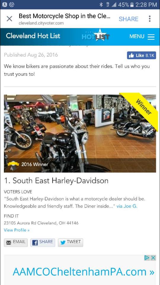 SouthEastHarley's tweet photo. Thank You for your votes on #clevelandhotlist We are #1 for Motorcycle Shops here in Cleveland!! https://t.co/EJbz5bEkCb