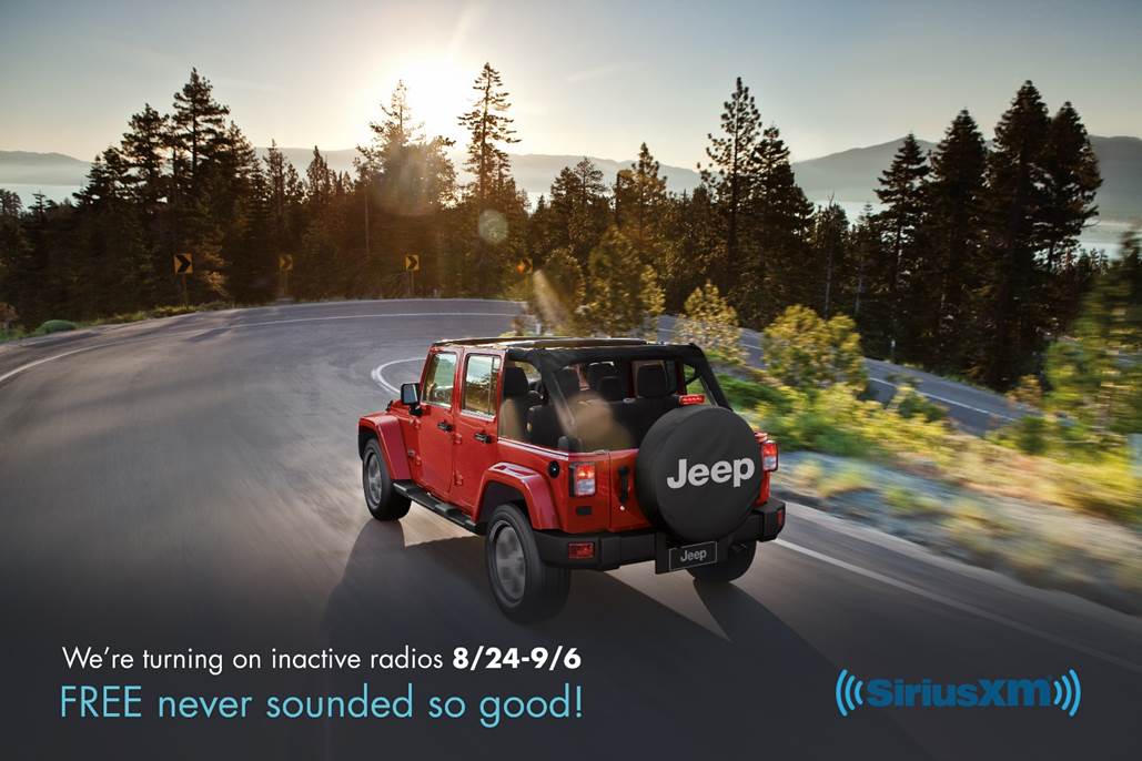 StellantisNA's tweet photo. Belt up &amp; belt out! @Uconnect turning on inactive radios! Listen to @SiriusXM for #FREE in your @Jeep SUV 8/24-9/6! https://t.co/R04K8cYypt
