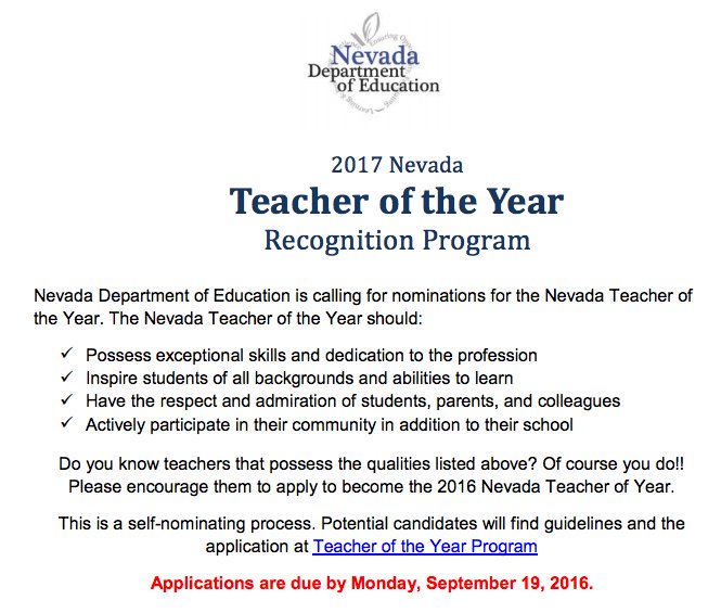 Nominations are being accepted for Nevada Teacher of the Year! Deadline: 9/19 #ccsd4students ow.ly/FcDX303CoMZ
