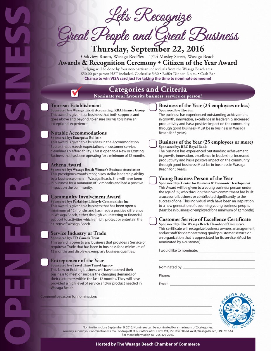 WasagaChamber's tweet photo. Let's Recognize Great People and Great Business
 NOMINATIONS ARE NOW OPEN!  Three new awards!  @WasagaChamber https://t.co/AJGNbfgLOF