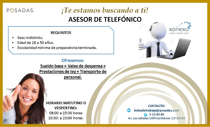 GrupoPosadas's tweet photo. ¿Estás buscando empleo? Tenemos una excelente oprtunidad para ti, comunícate con nosotros al 310 80 80. https://t.co/Sc2MF5arXc