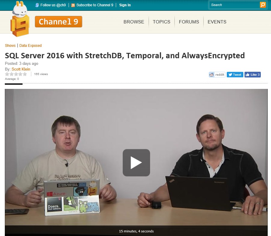 Check out demos of StretchDB, Temporal, AlwaysEncrypted in #SQLServer 2016 aka.ms/Tmo1e9 #SQL #Oracle <a href="/ch9/">Microsoft Channel 9</a>