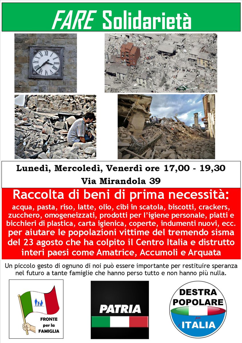 FronteFamiglia's tweet photo. #FareSolidarietà Raccolta generi prima necessità per popolazioni #Amatrice #Accumoli #Arquata colpite dal #terremoto https://t.co/0awJLGz4Pp