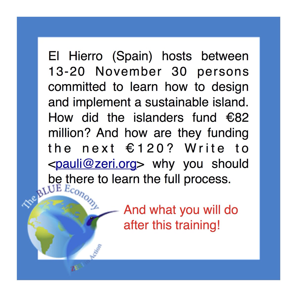 MyBlueEconomy's tweet photo. El Hierro: self-sufficient island in fuel &amp; water. We welcome 30 people to learn how this system emerged #IST2016 https://t.co/924ZfIjmum