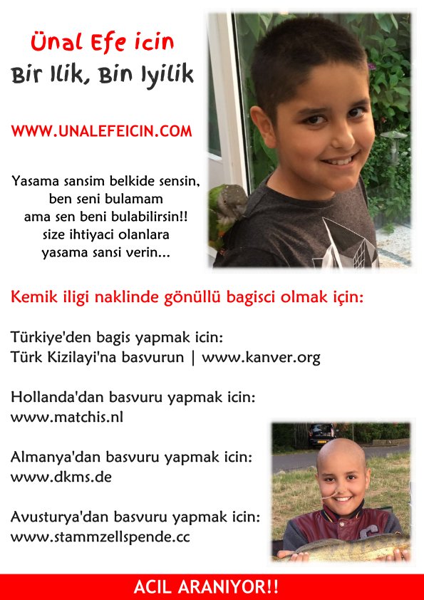 Şuanda BU TWEETİ GÖREN 
HERKES RT ATSIN Lütfen 

Lösemi Hastası Ünal Efe'ye İlik Aranıyor
Ses Olalım Donör Olalım