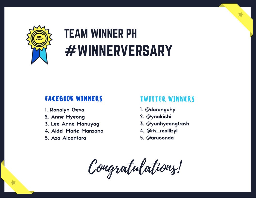 teamwinnerPH's tweet photo. [GIVEAWAY] #WINNERVERSARY Giveaway complete winners 💙

Congratulations again! Prizes will be sent on the 21st. https://t.co/4QK9jgvZAz