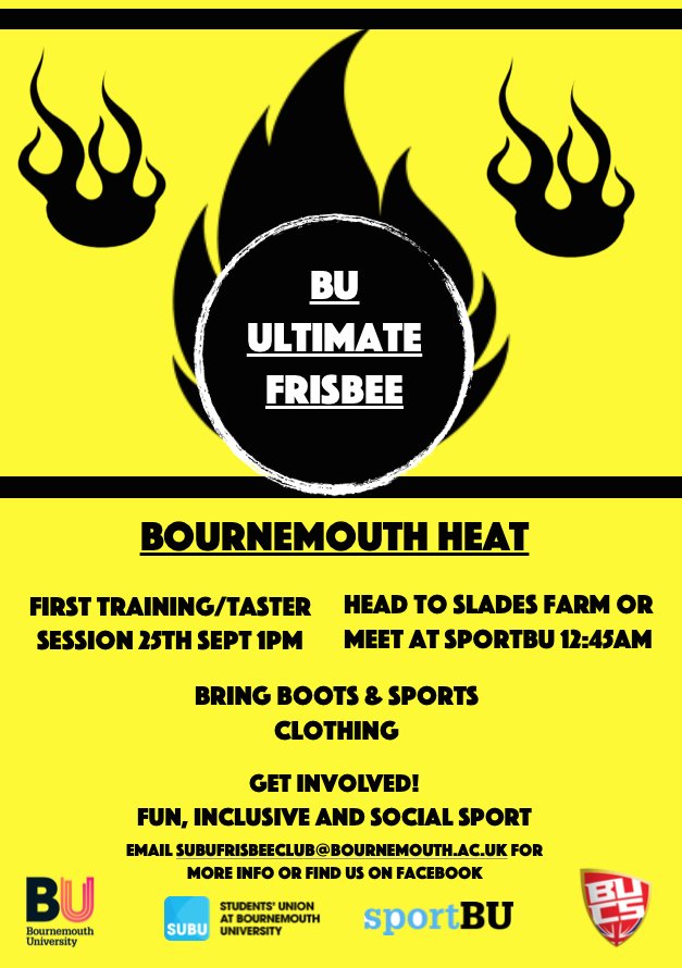 Come try Ultimate at BU! Check us out at freshers fair on the 24th!! :) <a href="/sportBU/">SportBU</a> <a href="/SUBUBournemouth/">Students' Union at Bournemouth University</a>