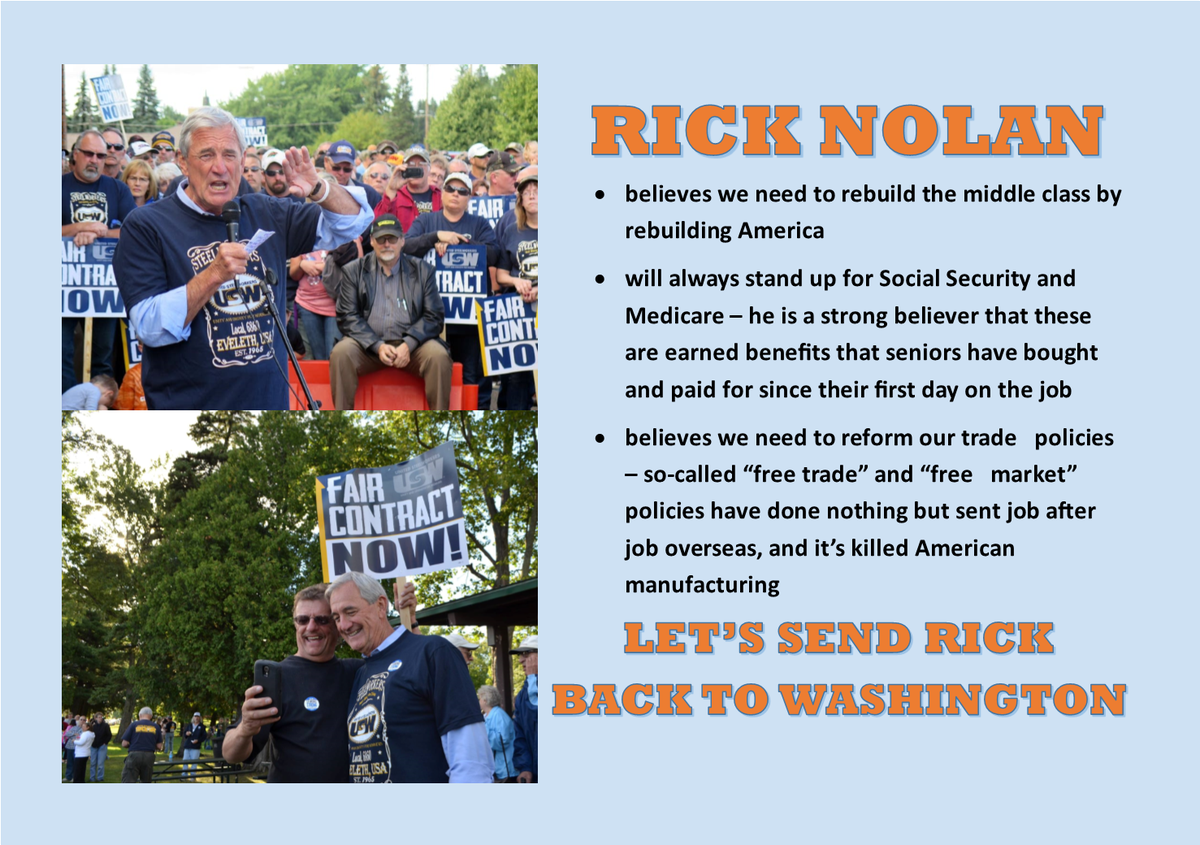 Congressman <a href="/RickNolanMN/">Rick Nolan</a> has our backs. Let's show him we have his and send him back to Washington, DC! #mn08