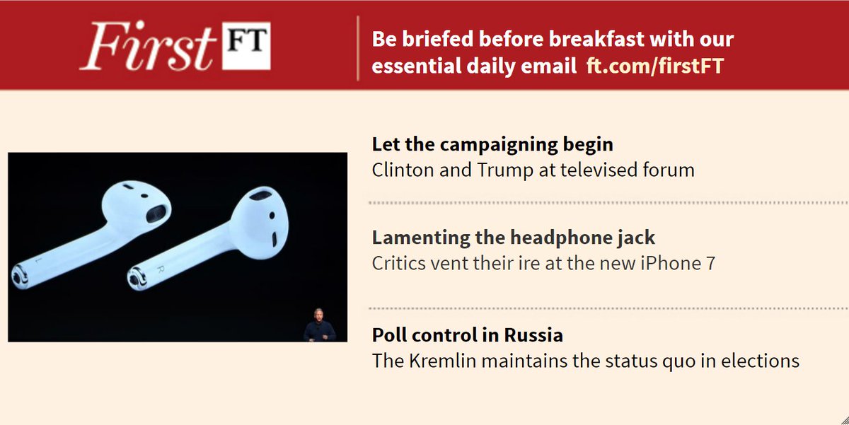Redpolitics's tweet image. Trump and Clinton set out their stalls, headphone jack ire and more. Sign up for #FirstFT: on.ft.com/2cbtyFi