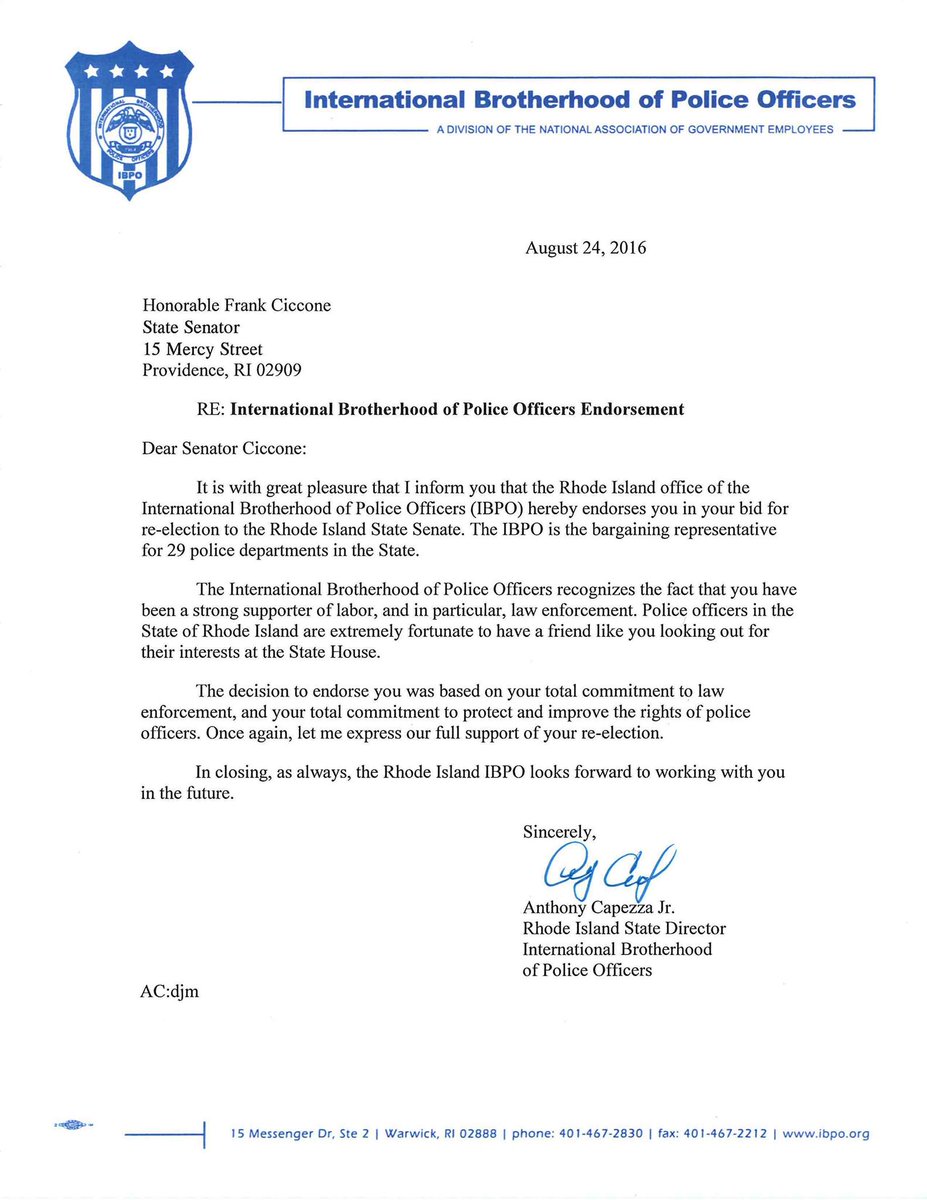 Thank you, International Brotherhood of Police Officers for your endorsement.