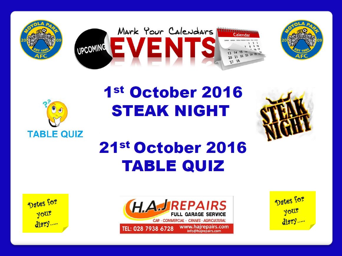 Upcoming events for <a href="/MoyolaParkFC/">Moyola Park FC</a>