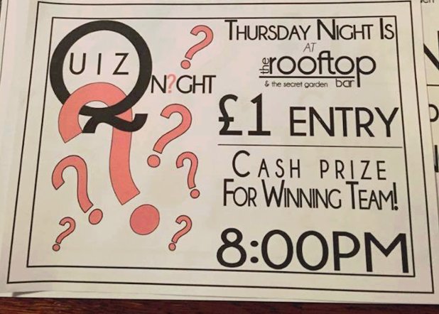 TheRooftopBar1's tweet photo. It's quiz night every Thursday at The Rooftop, your chance to become this week's champion and win a cash prize! https://t.co/cP3a4r93xN