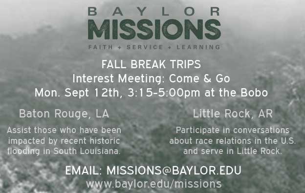 Come to the Bobo on Monday to find out more about our first ever Fall Break mission trips! #BUfallbreakmissions