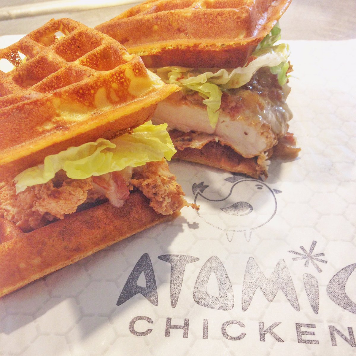 ChickenAtomic's tweet image. Another special:Crispy chicken breast with mango-poblano waffle, bacon marmalade, Bibb lettuce, &amp;amp; sweet garlic aoli.