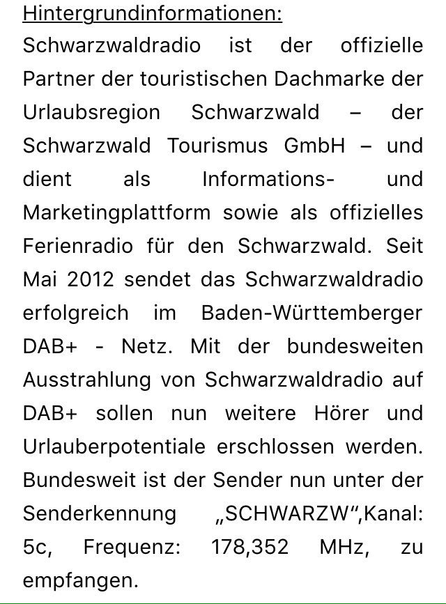 fairradio's tweet photo. .@SCHWARZWALDRADI: Radio oder Marketingplattform? Verräterische Wortwahl in der PM des Tourismusministers. #PRRadio https://t.co/TsJripaWMO