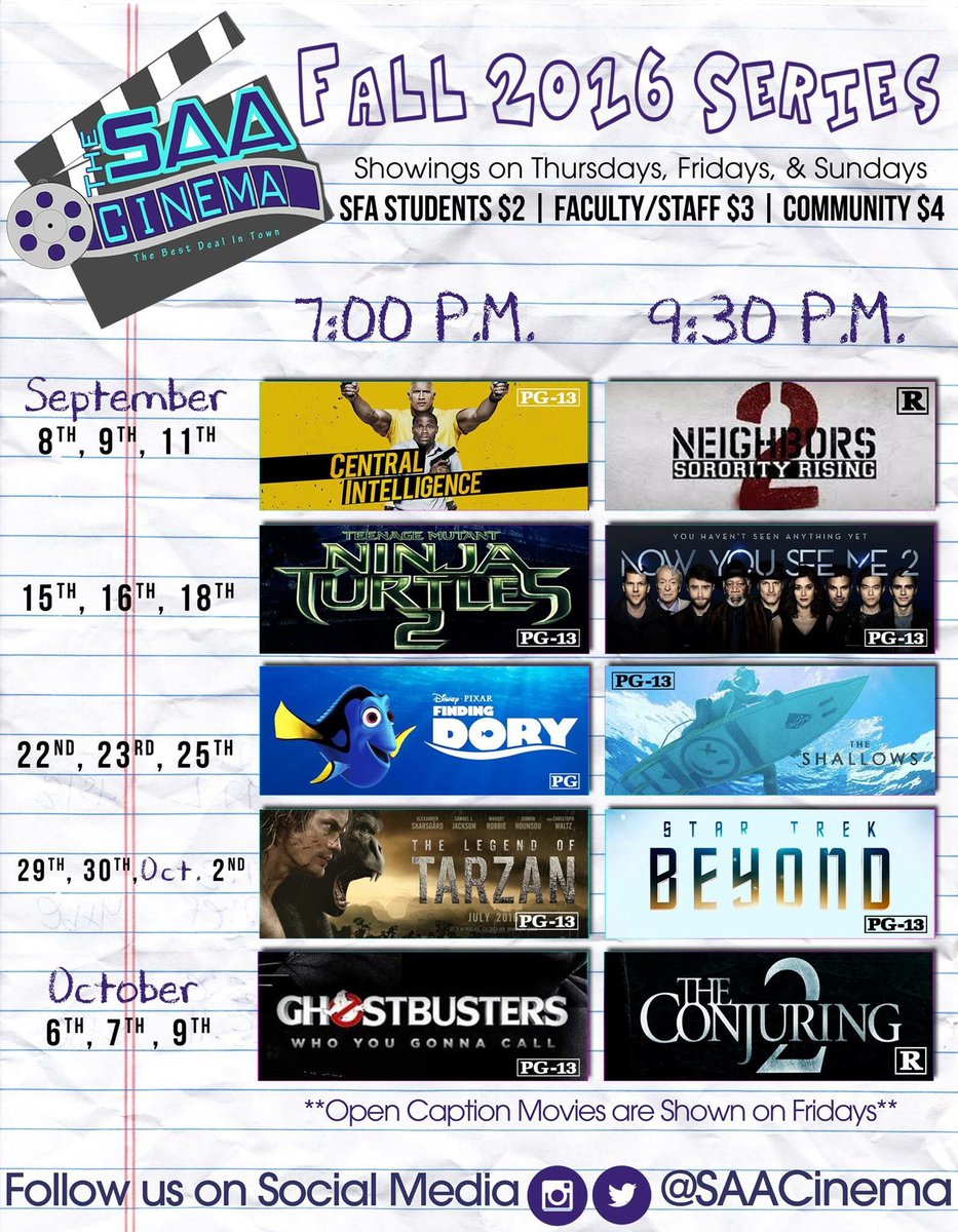 SAA_1923's tweet photo. Central Intelligence and Neighbors 2 are both playing TONIGHT! Tickets are $2 with your Student ID! #sfa20 https://t.co/h2Bm6D92q3