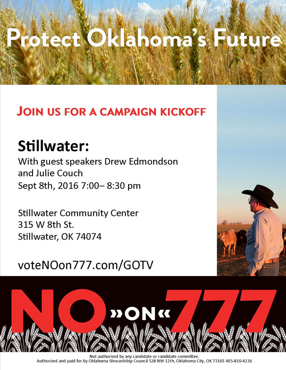 We'll be in Stillwater tonight with Drew Edmondson to discuss 777 and learn how to get out the vote! #VoteNOon777