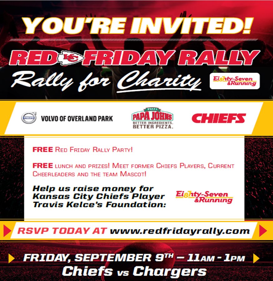 PapaJohns_KC's tweet photo. Join us at the #RedFridayRally tmrw. We'll be raising money for @tkelce's 87 &amp; Running Foundation! Info in pic. https://t.co/tvUASyBFk6